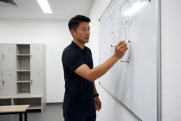 教练在战术板上布置球队阵型